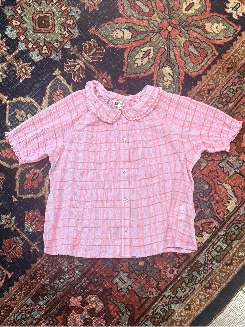 Bonton Pink & White Checked Ruffle-Collar Girls Blouse